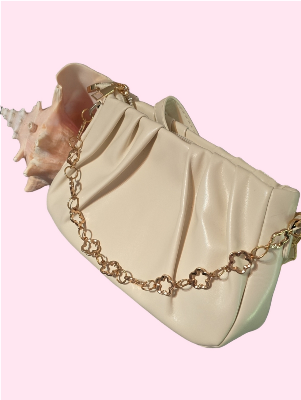 NWOT:  Cream Pleated Shoulder Bag with Gold Chain Strap